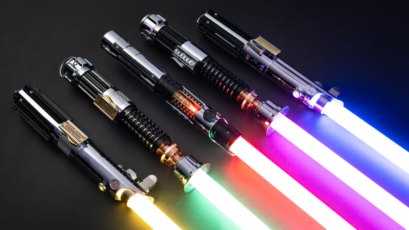 A picture of Multiple Lightsabers in different colors.